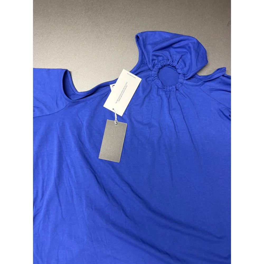Uoozee Royal Blue Cold Shoulder Asymmetrical Ring Detail Long Sleeve Top L NEW - Picture 3 of 11